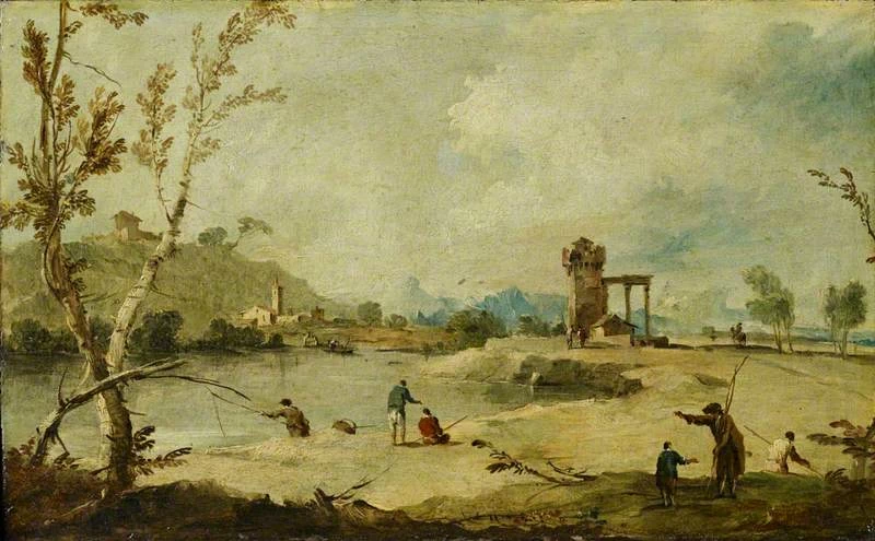 Paesaggio con figure al fiume, rovine e villaggio - National Galleries of Scotland